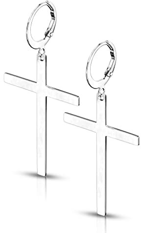 Bungsa Creolen mit großem Kreuz Anhänger aus 316L Edelstahl Unisex (Silber)