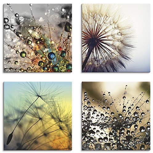 ARTLAND Wanddeko Blumenbilder Leinwand Bilder Set 4tlg. je 20x20 cm Quadratisch Wandbilder Natur Blumen Pusteblume Löwenzahn J4XD