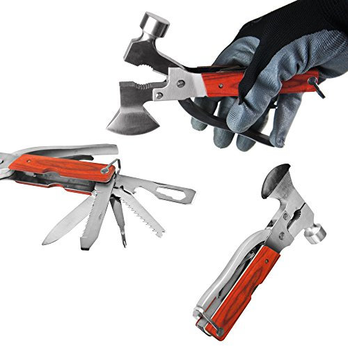 BAYLI 11 in 1 Camping Multitool Hammer + Axt | Edelstahl Campingwerkzeug | Multifunktionswerkzeug mit Notfallhammer und Zange | Survival Messer, Säge | Kombi-Werkzeug Schraubendreher Flaschenöffner