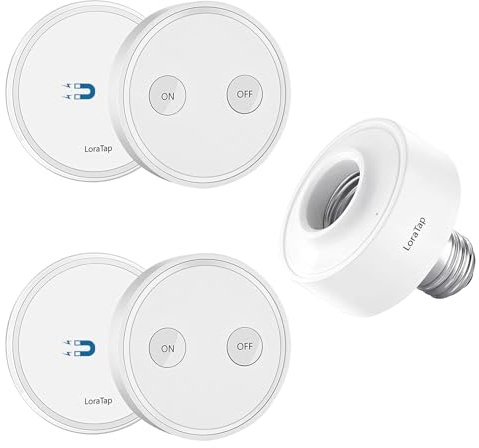 LoraTap Wireless Remote Control E26 Light Socket Adapter with 2 Remotes, 915MHz 656ft Range On Off Switch for LED Bulb and Fixture, 2 Years Warranty (2 Wall Switches + 1 LED Lamp Holder)