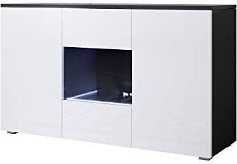 MB Muebles Bonitos | Sideboard | Wohzimmer Esszimmer Schrank Möbel | Breite 120 x Höhe 72 x Tiefe 45 cm | Glänzendes Melamin | 3 Türen | Modell mit 2cm Füßen | Schwarz mit Weiß | Modell Luke A2