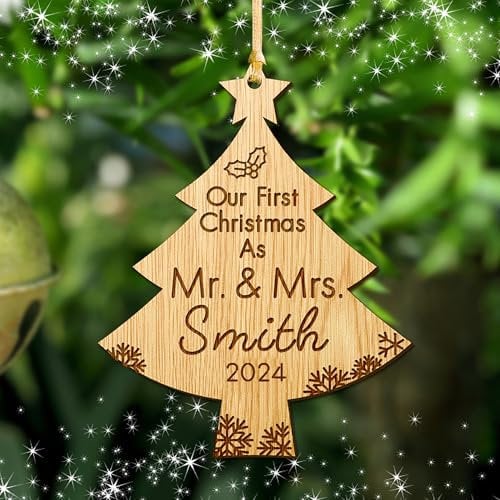 First Christmas as Mr and Mrs Decoration Bauble Personalised Xmas Ornament Married Wood Tree Bauble For 1st Wedding Gifts Keepsake For Him Or Her Hand Finished in UK(Xmas Tree)