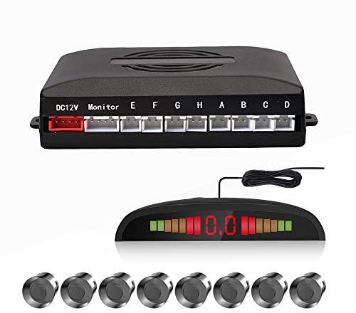 CoCar Avviso di retromarcia per auto, 8 sensori, sistema di assistenza al parcheggio, PDC + LED + avviso acustico, grigio