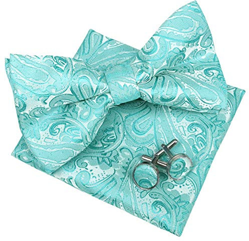 Alizeal Herren Hochzeit Paisley Gebundene Fliege, Einstecktuch und Manschettenknöpfe Set, Türkis