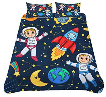Bettwäsche Set 3D Karikatur Astronaut Weltraum-Thema Rakete Mond Schwarz Blau Lila Mehrfarbig Bettbezug mit Reißverschluss, Kind Junge Teenager (Stil 1,Bettbezug 135x200 cm + 1 Kissenbezug 80x80 cm)