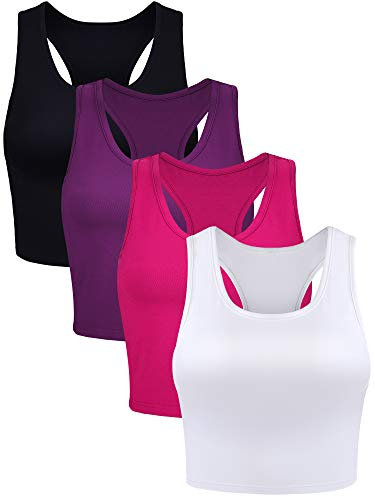 4 Stück Basic Crop Tank Tops Ärmelloses Racerback Crop Sport Baumwolle Top für Damen (Schwarz, Weiß, Rosenrot, Lila, S)