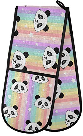 ZZXXB Panda Rainbow Striped Double Oven Mitt Heat Resistant Non-Slip Kitchen Gloves Extra Long 7 x 35 for Cooking Baking Barbecue Grilling