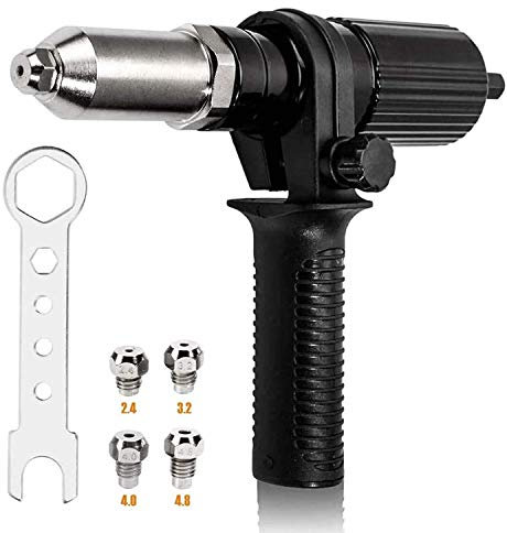 Bestgle Cordless Drill Electric Rivet Gun Adapter, Riveting Drill Adapter Riveter Insert Nut Tool with 2.4/3.2/4.0/4.8mm Diameter Rivet Head and Handle Wrench Black