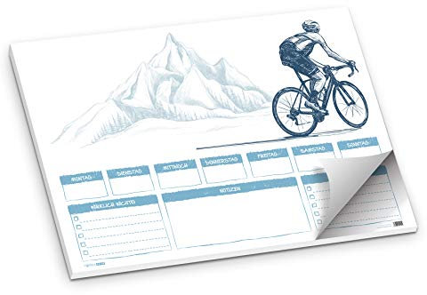 itenga Schreibtischunterlage Fahrrad Schreibunterlage DIN A2 50 Blatt Fahrradfahrer und Berge in blau grau für Recht und Linkshänder Schüler und Erwachsene
