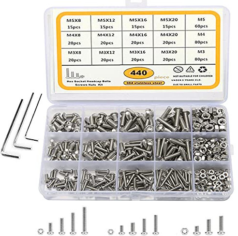 TAIANJI 440 Pcs Nuts and Bolts Set with Allen Key Screws and Nuts Set Stainless Steel M3 M4 M5 Bolts and Nuts Set Small Hex Key Bolts and Nuts Assortment Kit with Box, 12 Sizes
