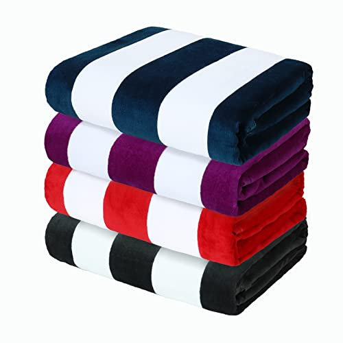 Yebeda 4er-Set Strandtuch 180x90 cm Große Strandtücher aus Baumwolle, Weiche und Saugfähige Badetuch Pooltuch Duschtuch mit Streifenmuster, Marineblau,Lila,Rot,Grau