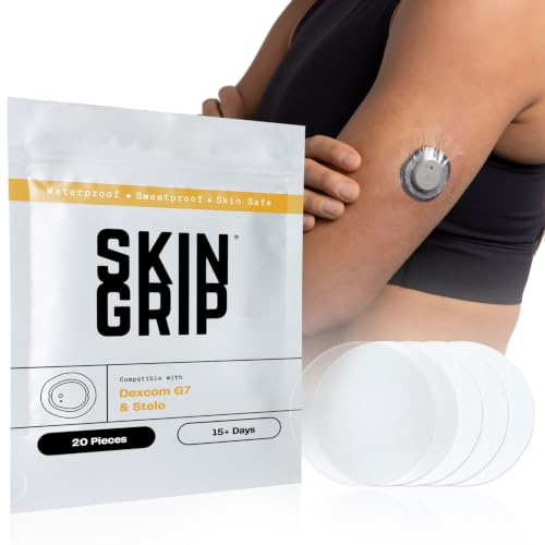 Skin Grip Adhesive Patches Compatible with Dexcom G7 & Stelo CGM – Waterproof & Sweatproof Cover for Continuous Glucose Monitor Sensor, Stays Secure for 10-15 Days – 20 Pack, Clear