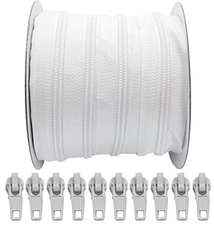 Rotolo da 25 Metri di Cerniera Continua in Nylon + 10 Cursori Automatici in Metallo 5#, Cerniera per Cucire Vestiti, Cerniere, Cerniera al Metro, (bianco 101, 25 metri+10 C)