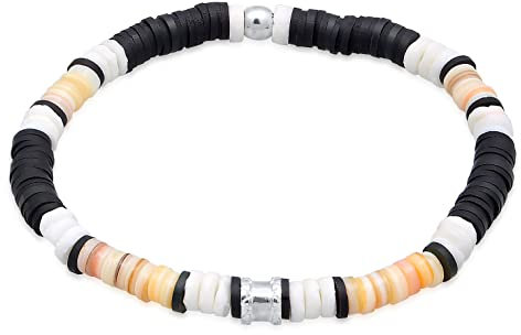Kuzzoi Buddha Herren Armband aus Heishi Perlen und Beads aus 925 Sterling Silber Vintage Casual Stretch Boho Muschel Mix Schmuck Sommer Surfer Armband, Länge 19 cm