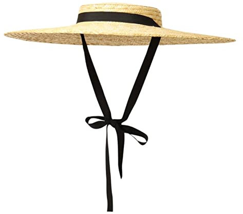 EPERDE Chapeau de paille vintage à large bord pour femme - Chapeau de plage d'été à haut plat - Couronne peu profonde - Chapeau de soleil en osier avec ruban