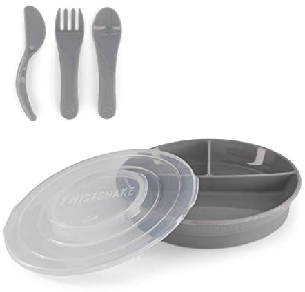 Twistshake Set De Vaisselle Bébé | Assiette Divisée + Couverts 6m+ | Sans BPA | Kit De Formation Alimentaire Pour Enfants | Gris