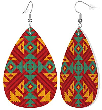 Ethno Art Azteken-Ohrringe aus antikem Kunstleder für Damen und Mädchen, Tropfen-Haken, baumelnder Schmuck für Kostümparty, Urlaub, Schmuck, Geschenk, Einheitsgröße, Leder Polyvinylchlorid