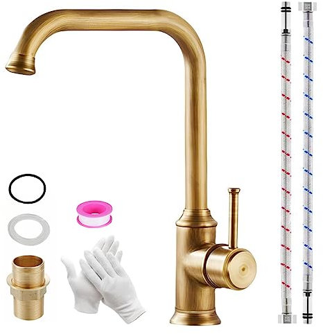 KOPYFANTAP Grifo de Cocina Fregadero Latón Antiguo, Retro Alto Griferia Cocina Lavabo, Monomando Mezclador de Bronce 360° Giratorio, Caliente y Frío del Grifo con Manguera de Conexión de 50CM