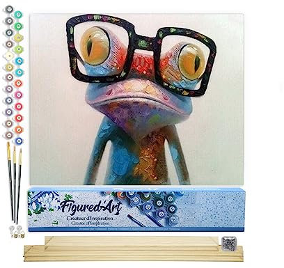 Figured'Art Peinture par Numéro Adulte avec Cadre Grenouille et Lunettes - Activité Manuelle Kit de Loisir Créatif DIY Numéro d'Art Complet Animaux - 40x50cm avec châssis en bois à monter