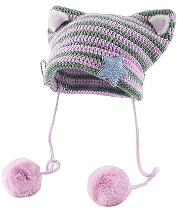Damen Y2K Cat Ear Beanie Mütze mit Pom Poms Star Zubehör Goth Grunge Häkeln Gestrickt Slouchy Skully Caps Alt Emo Kleidung, Lila / Grün, 7-7 1/8