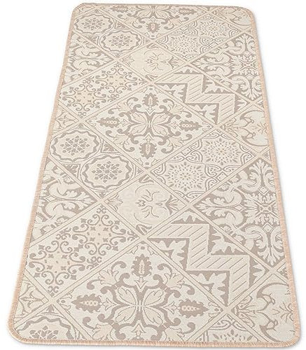CASA Tessile Tappeto Cucina Antiscivolo Lavabile Modello Maioliche Liscio - Tappeto Corsia, Passatoia Corridoio - Beige, Lunghezza 140cm