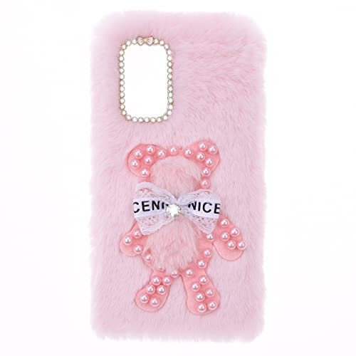 YKTO Peluche Fausse Fourrure Coque Nokia G11/G21 Filles Shiny Pearl Fluffy Soft Girly Case Fluffy Coque Lapinr Peluche Fausse Fourrure étui pour téléphone Nokia G11/G21,Ours Perle Rose