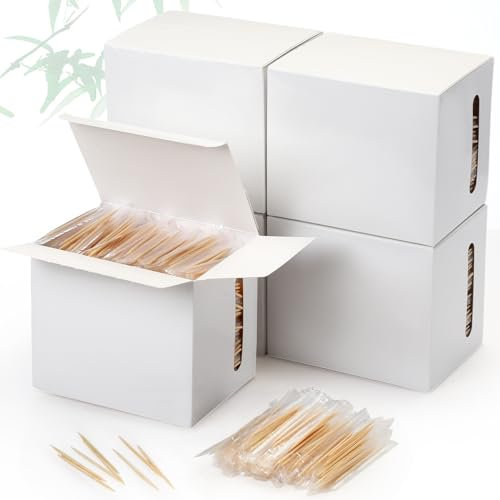 Nuogo 10000 palillos de dientes de bambú de madera en caja para aperitivos, palillos de dientes envueltos individualmente para limpieza de dientes, palillos de dientes redondos de doble cara, palillos