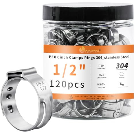 WYSIWYKA 120pcs 1/2 inch PEX Cinch Clamps Rings, 304 Stainless Steel Single Ear Hose Clamps, Heavy Duty Pex Crimp Rings for PEX Tubing Pipe Fitting Connections