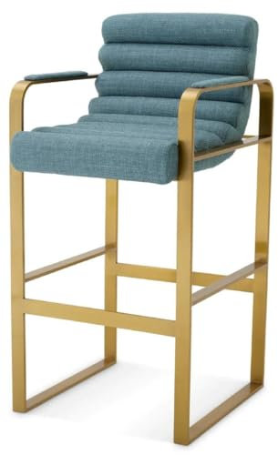 Casa Padrino Luxus Barstuhl mit Armlehnen Blau/Messing 53,5 x 57,5 x H. 107 cm - Gepolsterter Edelstahl Barhocker - Bar Möbel - Luxus Möbel - Luxus Qualität