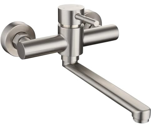 HomeLava 360° Drehbar Wasserhahn Küche Edelstahl Küchenarmatur Wandmontage Kalt und Heiß Einhebelmischer Spültisch Mischbatterie Armatur, Schwenkarm 23cm, Gebürstet