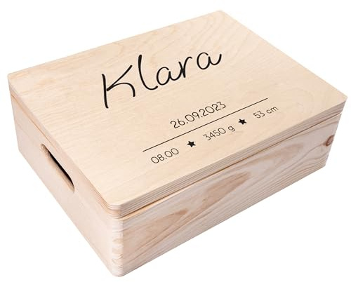 Creative Deco Erinnerungsbox Baby Personalisiert mit Namen | 40 x 30 x 14cm | Sterne | Individuelle Erinnerungskiste Geschenk zur Geburt für Mädchen und Jungen | Holzkiste mit Deckel