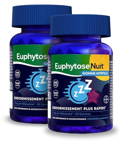 EuphytoseNuit ® Gummies Sommeil - Mélatonine 1 mg - Goût Myrtille - 2x30 | Avec Passiflore, Mélisse et vitamine B6, sans sucres et sans gélatine animale, pour accompagner la routine sommeil.