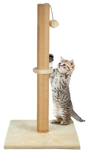 Trintion Cat Scratching Post 74cm Foldable Bottom Tall Cat Claw Scratcher with 1 Toy Ball Natural Sisal Scratch Pole and Soft Carpet Covered Heavy Base Modern Stable Design (White 74cm 1Ball)
