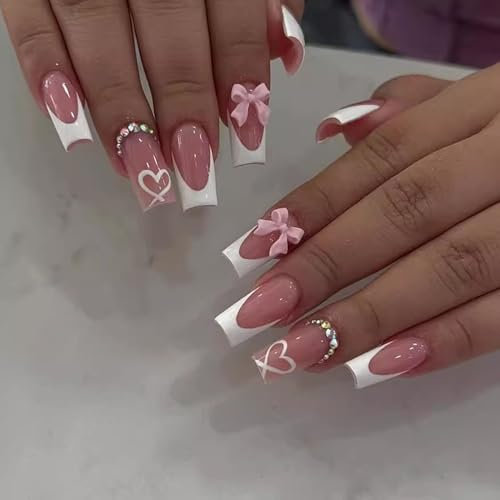 DMQ French False Nails with Glue, 24Pcs French Press on Nails Medium, Square Fake Nail with 3D Bow, Coffin Stick on Nails Nail Tips for Women Girls Valentines Days Nails Art