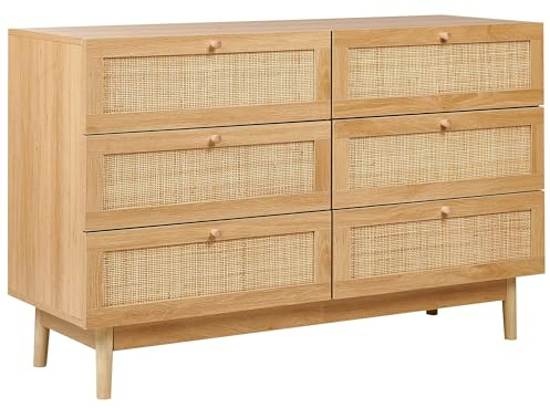 Beliani Sideboard 6 Schubladen Kommode Spanplatte Vorderseite aus Rattan Helles Holz Boho Stil Schrank Nivo