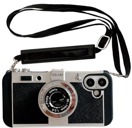 QoKcoahn Coque de téléphone d'appareil photo 3D vintage avec dragonne, coque de protection unique en silicone TPU résistant aux chocs pour iPhone 16 Plus, noir