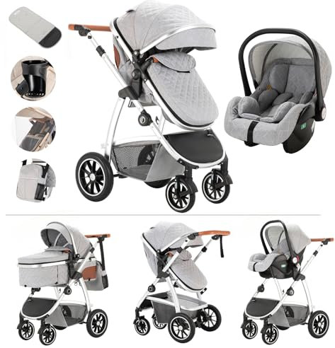 Kakbgee 3-in-1 Kinderwagen | Kombi-Kinderwagen mit ECE R129 Babyschale | Buggy mit Höhenverstellbarem Griff | Aluminium-Rahmen | Moskitonetz | für Neugeborene 0-4 Jahr