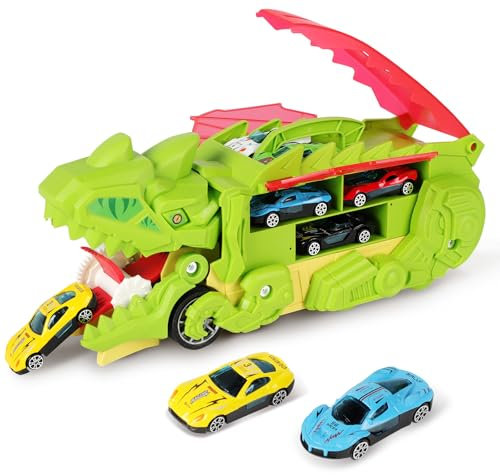 Fullware Spielzeugautos Hellgrün, Dinosaurier Spielzeug mit 6 Zufällig Legierungsautos, verwandelbares Dino-Schluckauto, Rennstreckenmodus, Baby Geschenk Junge 4 5 6 7 8 9 10 Jahre