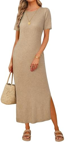 Arach&Cloz Long Maxi Dresses for Women UK Short Sleeve Summer Shirt Dress Ladies Casual Work Dress Side Split Kahki S