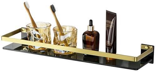 SAYAYO Bathroom Shelf Tempered Black Glass Shelf Wall Mounted 50CM Large Capacity with SUS304 Stainless Steel Gold Rail, Shower Storage Shelves