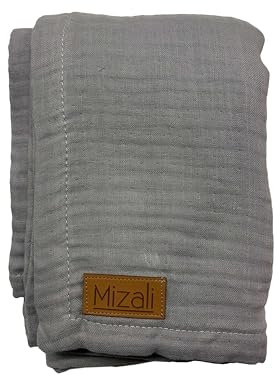 Mizali Premium Musselin Babydecke, 120 x 120 cm, 4-lagig, Baumwolle, Atmungsaktiv, Einfarbig, Kuscheldecke, Sommerdecke, Tagesdecke, für Kinder, Geschenk für Neugeborene (Grau)