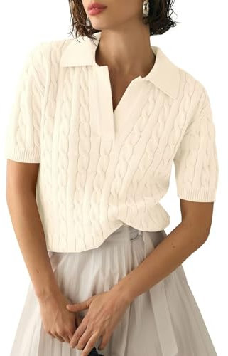 LACOZY Women's Cable Short Sleeve Sweaters Tops Solid Lapel V Neck Knit Casual Soft Pullover Shirt 2025 Apricot L