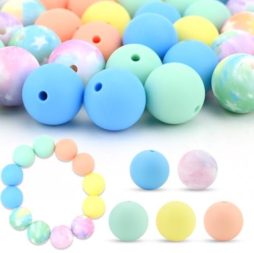 Silicone Beads, 1.5Cm 50Pcs Beads for Making Bracelets with 10M Elastic Cord, Bracelet Bead for Jewelry Making, Mixed Colors, DIY Jewelry Craft Supplies for Women Girls (B)