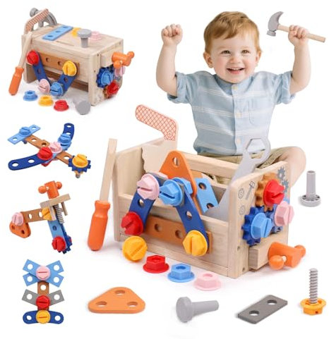 Montessori Werkzeugkoffer Kinder Werkzeug Spielzeug ab 2 3 4 5 Jahre Holzspielzeug Werkbank 38x Kinderwerkzeug Werkzeugbank Motorik Lernspiele Werkzeugset Spiele Geschenk für Junge Mädchen
