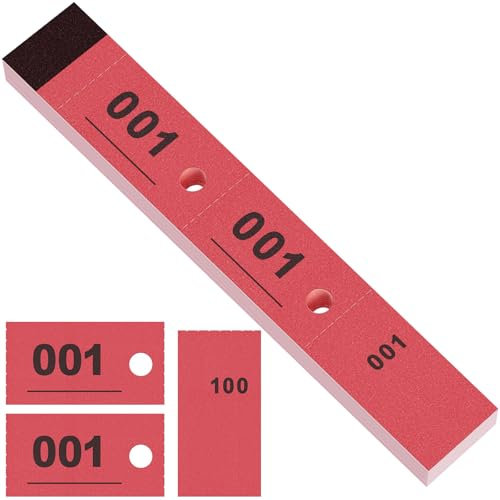 Nezyo 100 Garderoben Nummernblöcke, 3-Teilige Papier Nummernblöcke mit Lochstanzung Nummerierte Blöcke von 1 bis 100 Garderobenmarken mit Loch Nummerierte Tickets für Trockenreinigung Verlosen (Rot)