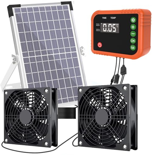 Lewisia 10W Solar Powered Fan Kit with Timer & Temperature Control IPX5 Weatherproof Dual Fan Solar Exhaust Intake Cooling Ventilation for Chicken Coop Greenhouse Shed Pet House Garage