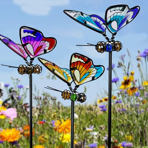 Xzyden Schmetterlings-Gartenpfähle, Glas- und Metallkunst-Ornamente, lebendige Gartendekoration, Schmetterlings-Metallkunstpfähle, blau, rosa und gelb, 50 x 9,5 cm, 3 Stück