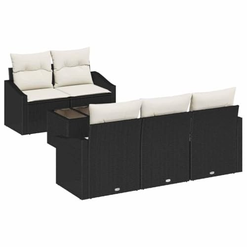 vidaXL Sofa Set mit Kissen 6 pcs Schwarz und Creme Poly-Rattan, Gartenmöbel Set, modernes rechteckiges Sofa, langlebig, UV-beständig, stylisches, leichtes Loungeset