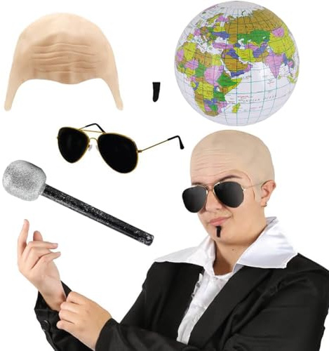 Mr Worldwide Zubehör-Set für Erwachsene, nackte Glatze, schwarze Sonnenbrille, aufblasbarer Globus, Mikrofon, schwarzer Seelenaufnäher, Musik-Ikone, berühmte Promi-Kostüm-Zubehör-Set