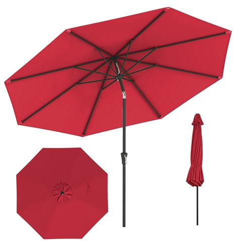 GOPLUS Parasol de Jardin Exterieur 3M, Grand Parasol Inclinable de 25° avec Manivelle, 8 Baleines Renforcés, Anti-UV, pour Terrasse Plage Balcon Patio, sans Base (Rouge)